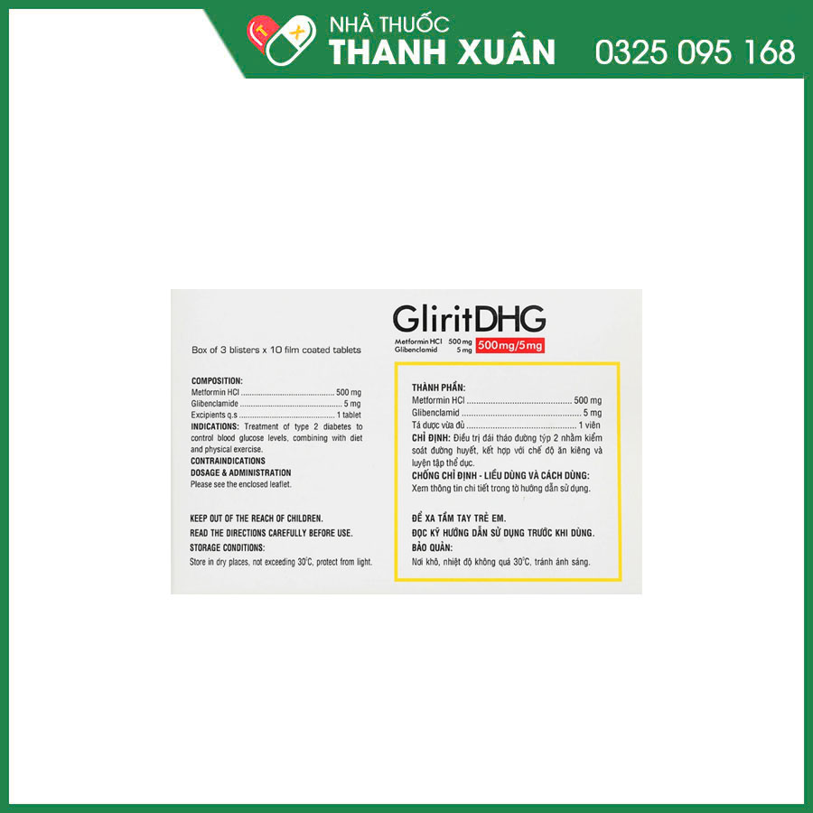 GliritDHG 500mg/5mg thuốc điều trị đái tháo đường týp 2